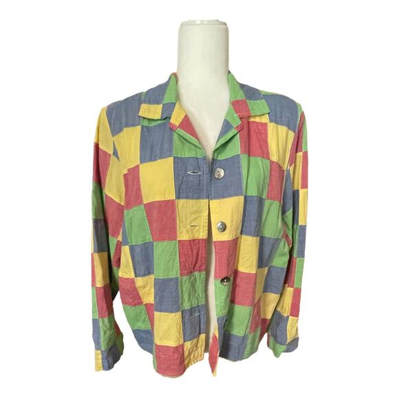 Vintage Women's Button Down Cotton Pastel Patchwork Shirt Shacket Size 16 - Picture 9 of 10